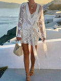 Solid Losoe Spliced Sheer Fashion Bloues for Women V Neck Long Sleeves Patchwork Lace Elegant Top Female Clothing