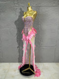 Strapless Rhinestone Evening Gown 3D Leaf Feather Appliques Sheer Mesh LongDress Prom Birthday Party Performance Formal Costume