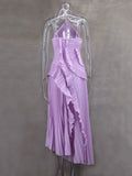 Women'S Irregular Pleated Slim Chiffon Long Dress Sexy Backless Ruffle Fashion Party Prom Elegant Evening Gown 2025 New