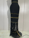 Elegant Black Sexy Square Collar Tassel Sleeveless Bodycon Bandage Dress Women Celebrity Evening Party Prom Birthday Dresses
