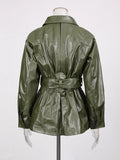 Simpel Basics Patchwork Belt Leather Jacekt for Women Lapel Long Sleeve Spliced Zippers Casual Office Coats Female