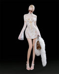 Custom White Lace Sheer High Neck Flare Long Sleeve Corset Mini Dress Fashion Bodycon Formal Evening Party Gown