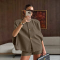Retro Khaki Shorts Set for Womenstand Collar Sleeveless Cape Vest High Waist Shorts Office Two Piece Sets Female