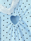 Elegant Sweet Blue Polka Dot Playsuit for Women Puff Sleeve Cutout Design Lace Trim Slimming Playsuits for Vacation