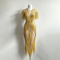 2026 New Crystal Tassel See Through Mesh Stretch Long Dress Sexy Banquet Dance Party Irregular Dress