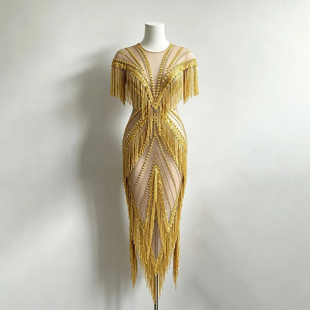 2026 New Crystal Tassel See Through Mesh Stretch Long Dress Sexy Banquet Dance Party Irregular Dress