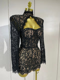 Sexy Black Lace High Neck Hollow Out Design Bodycon Mini Dress Women Long Sleeve Evening Party Club Bar Cocktail Celebrity Gowns