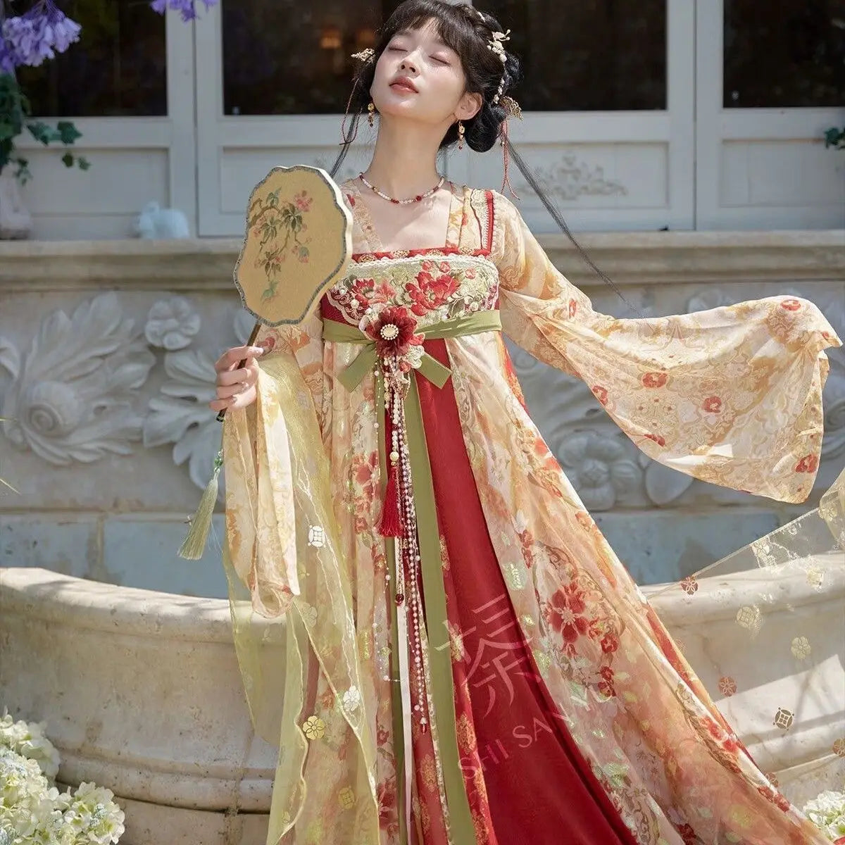 Olive Girl Red Embroidered Hanfu Dress for Ren Faire 2026 Garden Wedding Fairycore Photoshoot S-XL XS-3XL Plus Size Embroidered Flowing Sleeve Dramatic Silhouette Romantic Garden Party Editorial Not Costume Chinese Heritage Fashion Women