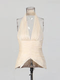 Sexy Deep Neck Backless Vest for Women Halter Sleevless Slimming Asymmetric Hem Ruched Fabric for Luxury Nighclub