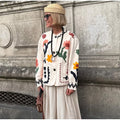Colorful Flower Printed Pattern Cardigan Women O Neck Long Sleeves Patch Pockets Loose Short Coat Women Daily Commute Outwear