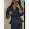 Women Dark Blue Denim Sets Vintage Lapel Belted Peplum Long Sleeve Cuff Top Wide Leg Pants Outfit 2026 Lady Autumn Chic Suits