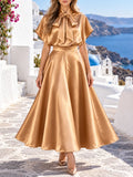 Satin Two Piece Sets for Women Bow Tie Mock Neck Blouse High Waist Flared A‑Line Maxi Skirt for Formal Banquet Party Wear
