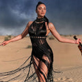 2026 White Black Women Turtleneck Long Tassel Sexy Perspective Design Maxi Dress Fashion Club Beach Vacation Party Dress