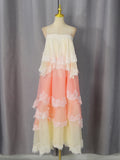 Gradient Color Runway Spaghetti Strap Maxi Dress for Women Strapless Spliced Ruffles Sweet Lace Edge Cake Dresses Female New