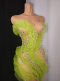 Luxury Green Sheer Mesh Ruffle Dress Neck Crystal Rhinestone Trim Cut Out Slim Fit Evening Wedding Guest Cocktail Party Dress