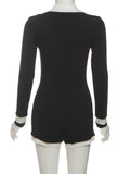 Contrast Patchwork Playsuits Women Ribbed Button Polo-Neck Full Sleeve Skinny Stretch Wrap Hip Street Fashion Rompers
