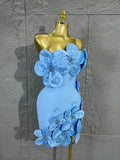 Strapless 3D Handmade Flower RhinestoneBandage Mini Dress Women Sky CorsetBodycon Short Cocktail Party Evening Dress