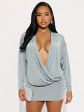 Sexy Ruched Dress Women Deep V-Neck Elegant Peach Hip Full Sleeve Spring Fashion Party Clubwear Skinny Mini Bodycon