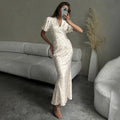 Printed Maxi Dress Women Elegant Slim V-Neck Short-Sleeve Evening Dress Summer New Casual Commuter Female Dress