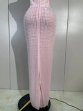 Elegant Evening Party Prom Gown Birthday Dress Women Shining Rhinestones Sexy White/Pink Mesh Halter Bodycon Long Bandage Dress