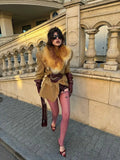 Camel Plaid Wool Blend Blazer Women Belted Waist Faux Fur Collar Vintage Shoulder Pads Coats Elegant Winter Outerwear Jackets