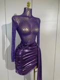 Sexy Mesh See Through Purple Long Sleeves Mini Dress Luxury Sparkly Diamond Birthday Evening Party Nightclub Team Stage Costume