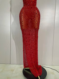 Women Luxury Sparkle Diamonds Mesh See Through Maxi Dress Evening Party Birthday Wedding Guest Gown NightClub Bar Stage Costumes