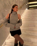 Knitted Top Two Piece Set For Women Turtleneck Sleeveless Pullover Vest Long Sleeve Texture Patchwor Set Lady Sexy Set