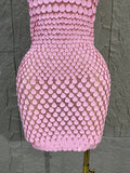 Pink Halter Neck 3D Scale Shell Sequin Mesh MiniDress Women Sheer Bodycon Short Dress For Club Night Out Cocktail Party