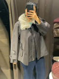 Fashion Faux Fur Collar Middle Long Jackets Women Solid Full Sleece Button Zipper Coats 2025 Lady Chic Casual Winter Outerwear