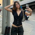 Women Summer Top Fashion Button-Front Patchwork V-Neck Pleated Fitted Top New Casual High-Street Party Female T-Shirts
