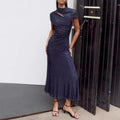 Elegant Business Style Purple Sparkle Gown for Women Asymmetrical Neck Short Sleeves Ruched Waist Skirt for Wedding Toasts