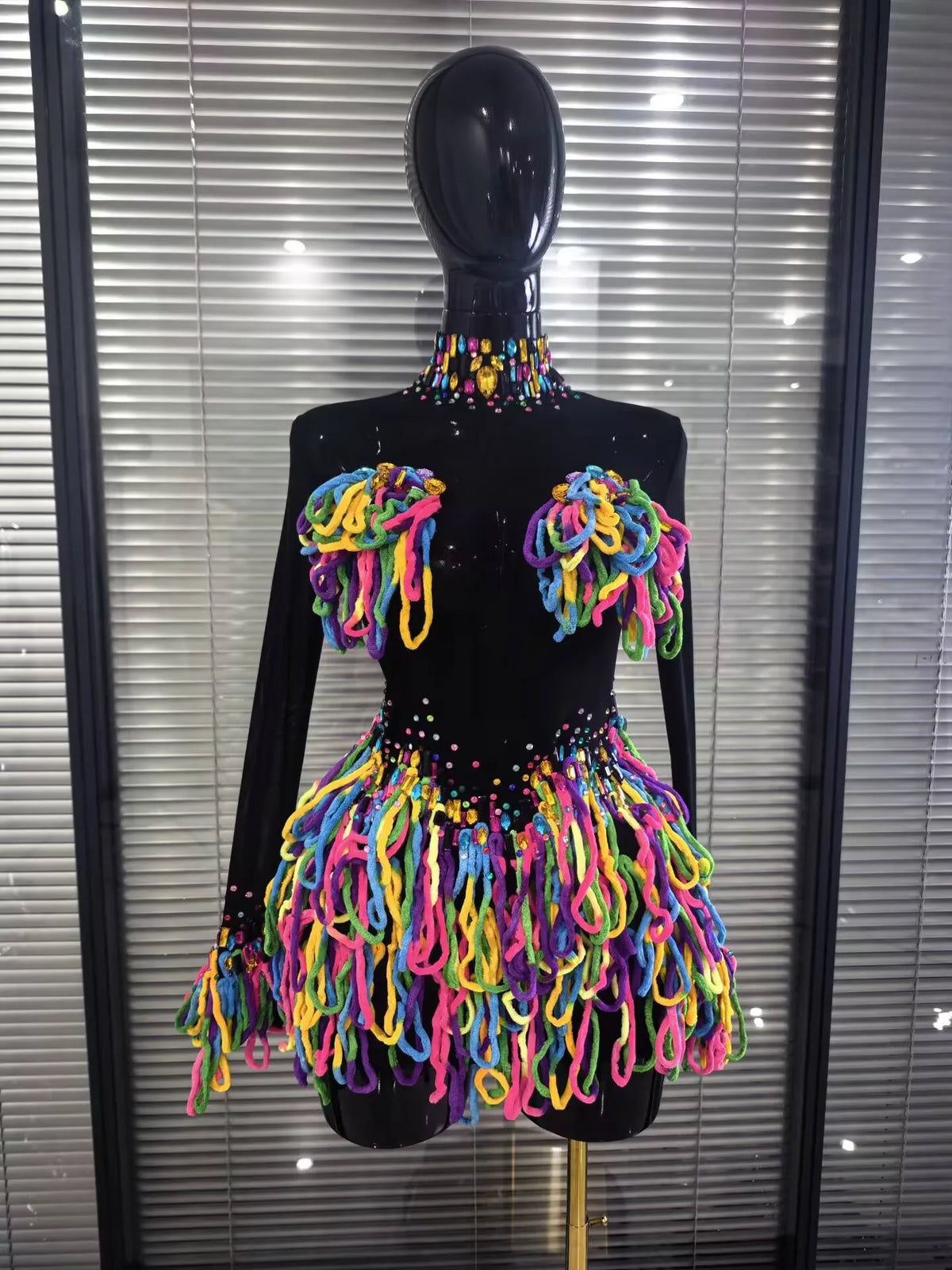 Colorful Draped Shining Rhienstones Women Long Sleeve Sexy Mesh Bodycon Mini Dress Nightclub Bar Singer Party Performance Wear