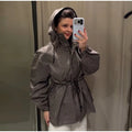 Women Leopard Print 2‑Piece Puffer Outfit Hooded Zip‑Up Padded Jacket + Wide Leg Pants Set Khaki Warm Winter Matching Tracksuit