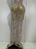 Lxury Sparkly Diamond Mesh See Through Long Dress Women Elegant Celebrate Birthday Evening Party Fancy Club Singer Stage Costume
