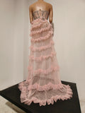 Sparkly Diamond Strapless Mesh Ruffled Pink Long Dress Birthday Evening Party PhotoShoot See Through Bar Nightclub Stage Costume