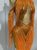 Women Sparkly Diamond Orange Tassel Latin Dance Outfits Long Sleeves Mesh Transparent Dress Bar Nightclub Party Club Stage Wear