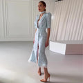 Deep V Neck Printed Ribbon Dress  Elegant Women Lace Patchwork Button Waist Cinching High Split Dress Lady Party Vestidos