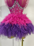 Sparkly Diamonds Mesh Sexy Top and Mini Skirt Two Piece Set Eveing Birthday Party Club Bar Performance Stage Drag Queen Costumes