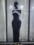 Sexy Halter Neck Cut out Diamonds Bandage Dress Women Black Sleeveless Backless Crystal Bodycon Long Dresses Evening Party Gowns