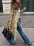 Women Vintage Tiger Print Long Coat Large Fluffy Fur Collar Waist Tie Belted Wrap Coat 2026 Winter Fashion Elegant Outerwear