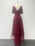 Women Elegant V-neck Ruffle Short Sleeve Evening Dress A-Line Fluffy Gauze Irregular Party Dress Formal High-Low Vestidos
