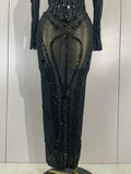Women Sparkly Full Rhinestone Sequin Sheer Long Dress Sexy Fashion Club Party Birthday Nightclub Drag Queen Dancer Stage Costume