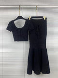Black 3D Floral Hollow Knit Two Piece Set for Women Square Collar Short Sleeve Crop Top Mermaid Mid Skirt for Beach Vacation