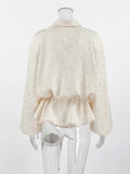 Apricot Jacquard Drawstring for Women Jackets Lapel Bubble Long Sleeve Peplum Hem Zip Up Jacket for Summer Casual