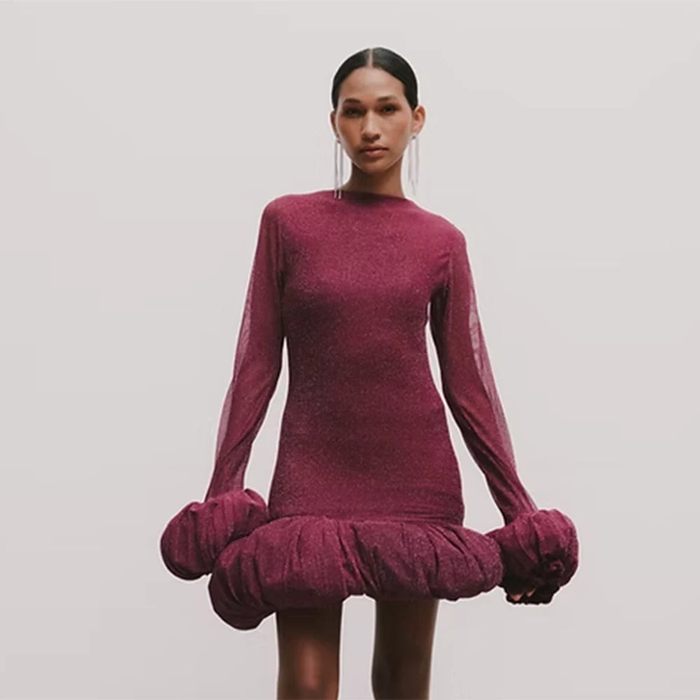 Elegant Slimming Spliced Ruched Mini Dresses For Women Flower Bud Design With Long Sleeves High Waist Dress Female New