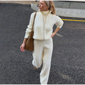 Women Solid Turtleneck Cable Knit Sweater Wide Pants 2 Piece Set Long Sleeve Half Zip Pullover 2026 Casual Loungewear Suit