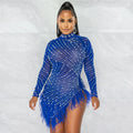 Sexy Pearls Rhinestone Party Dresses Women Elegant Nightclub Feather Birthday Dress Long Sleeve Mesh Sheer Bodycon Dress