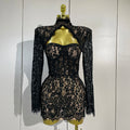 Sexy Black Lace High Neck Hollow Out Design Bodycon Mini Dress Women Long Sleeve Evening Party Club Bar Cocktail Celebrity Gowns