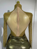 Women Sparkly Rhinestone Birthday Evening Party Nightclub Team Stage Show Costume Sexy Mesh See Through Long Sleeves Mini Dress